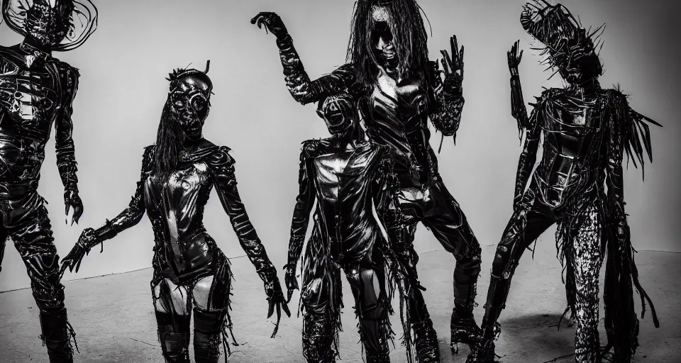 Prompt: Photography of a rock black cyber metal post human group with costumes inspired by insects