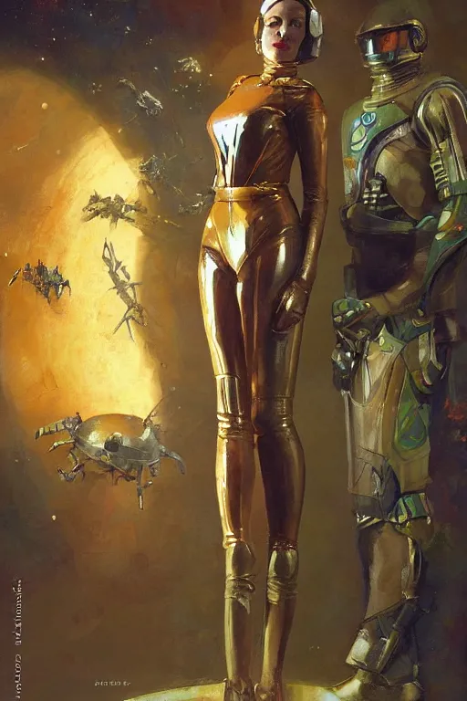 Prompt: pulp scifi fantasy illustration full body portrait of elegant woman wearing latex spacesuit standing beside martian warrior, by norman rockwell, jack kirby, bergey, craig mullins, ruan jia, jeremy mann, tom lovell, 5 0 s, astounding stories, fantasy