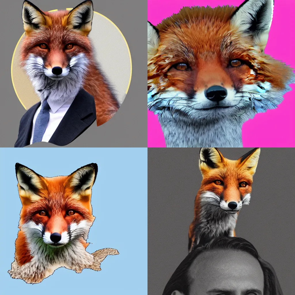 Prompt: a fox sitting on Ben Bernanke’s head, digital art