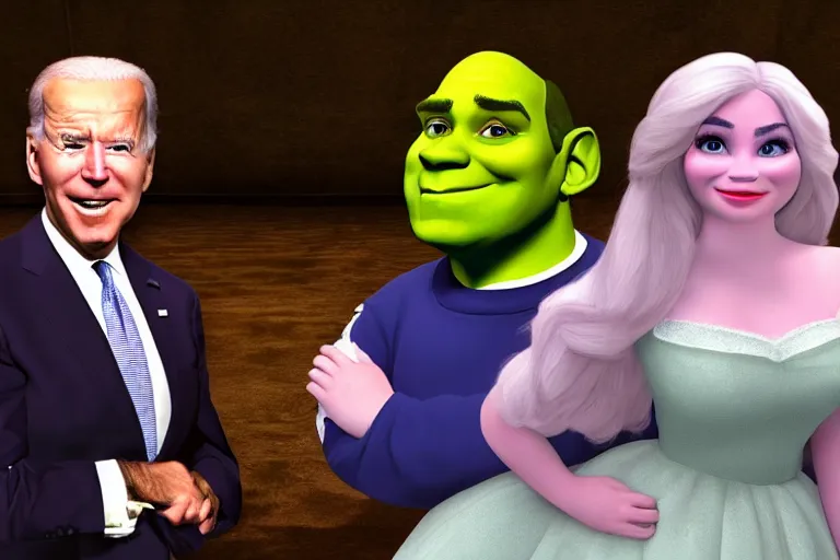 Image similar to joe biden and belle delphine as shrek, cinematic chiaroscuro, photorealistic, unreal engine