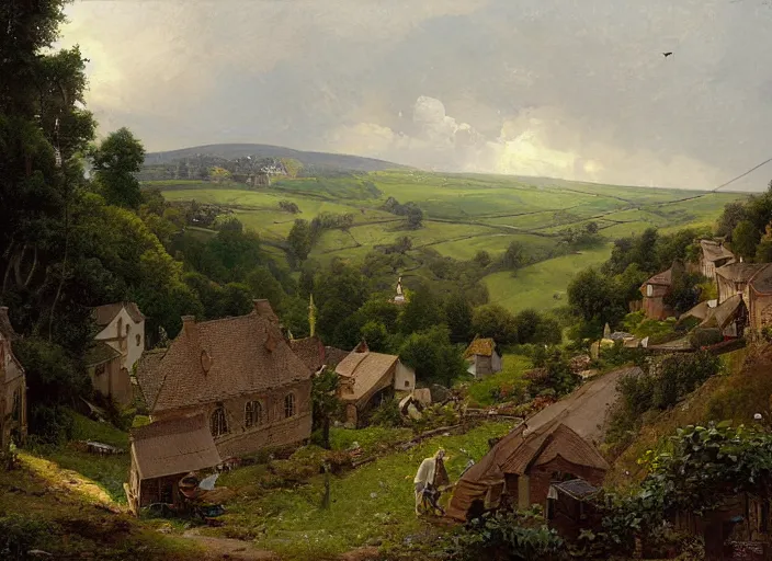 Image similar to from an upstairs window, looking up steep slope, road to church atop hill, playing fields to the right, small stone buildings, carl spitzweg, david curtis, morgan weistling, jim beckner, michael alford, craig mullins, jeremy mann