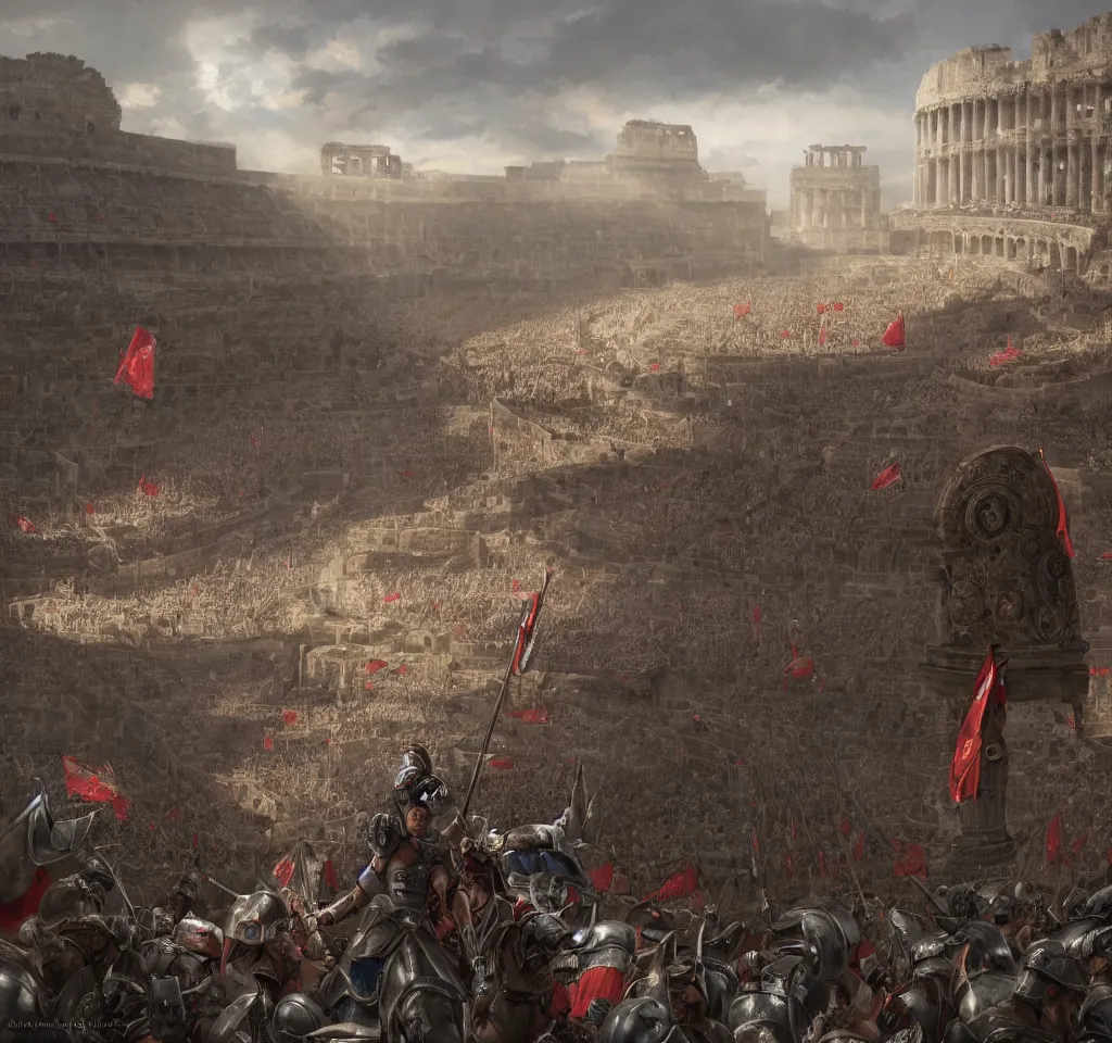 Prompt: Roman Gladiator at battle in a giant coliseum, wide angle shot, Flags on pillars , cinematic lightning, medium shot, mid-shot, highly detailed, trending on artstation, Unreal Engine 4k, cinematic, very highly Detailed, digital, HDR, Kodak Ektar, wide-angle lens, 3D concept art by Greg Rutkowski, Gary Houston, Stephan Martiniere and Alexander Fedosav