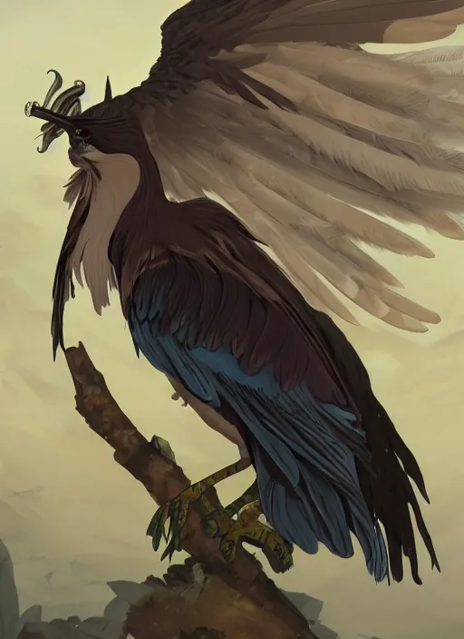 Prompt: concept art painting of a harpy bird person with black feathers, pirate clothes, detailed, realistic, cel shaded, in the style of makoto shinkai and james gurney and alphonse mucha and greg rutkowski and artgerm