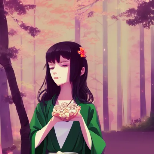 Image similar to a beautiful woman with long dark brown hair and green eyes wearing a kimono while eating dango, japanese street landscape, 4k, anime key visual, lois van baarle, ilya kuvshinov, rossdraws, artstation