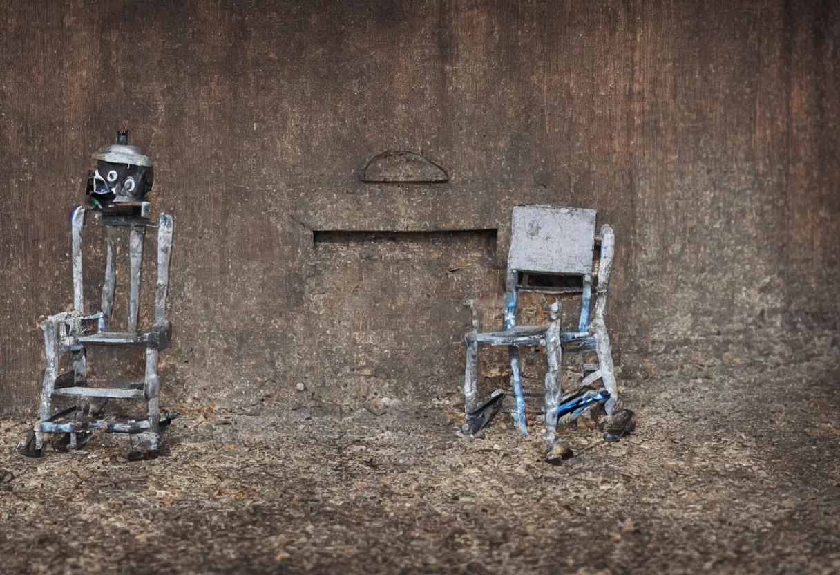 Image similar to An intimate extreme closeup photograph of a single lonely robot sitting on a aged wooden rocking chair in front of a single beautiful fireplace in a dilapidated Victorian home