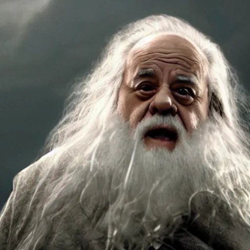 Image similar to movie still of danny devito starring as gandalf the white in the 2 0 2 4 lord of the rings movie, full body, hyper realistic, high quality, wide angle