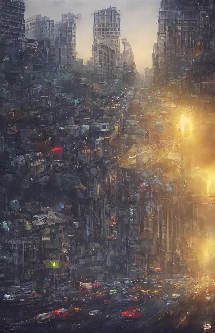 Prompt: tidalpunk dhaka city under twin suns , Dhaka traffic, realistic painting, classical painting, high definition, digital art, matte painting, vibrant, mystical, fantasy art, very detailed, realistic