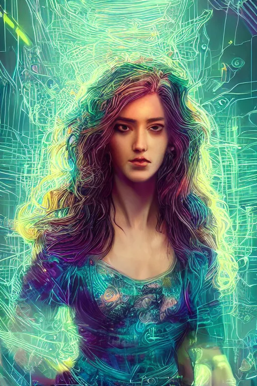 Prompt: a super realistic young woman, magical, cyberpunk, windblown, intricate, synthwave, retrowave, colorful, vibrant, highly-detailed, elegant, dramatic lighting, gorgeous face, lifelike, photorealistic face, long luxurious intricate gown, digital painting, artstation, illustration, concept art, smooth, sharp focus, art by Jude Palencar, John Collier, artgerm, and Albert Aublet and Krenz Cushart and Artem Demura and Alphonse Mucha