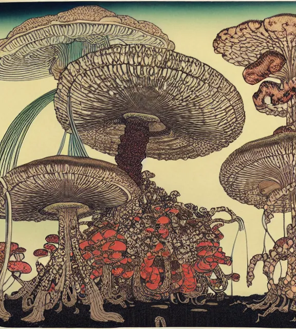 Image similar to still frame from Prometheus, ornate bionic gaia sowing in blossoming macro mushroom gardens, dressed by Neri Oxman and alexander mcqueen, metal couture haute couture editorial by utagawa kuniyoshi by giger