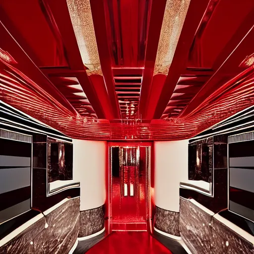 Image similar to a red luxury arm wrist in year 3000, art-deco style, in entrance hall of an art-deco skyscaper, photography , official cartier editorial , highly detailed