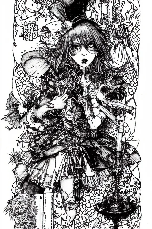 Image similar to Punk Alice in wonderland tarot card , pen and ink, intricate line drawings, by Yoshitaka Amano, Ruan Jia, Kentaro Miura, Artgerm, watercolor