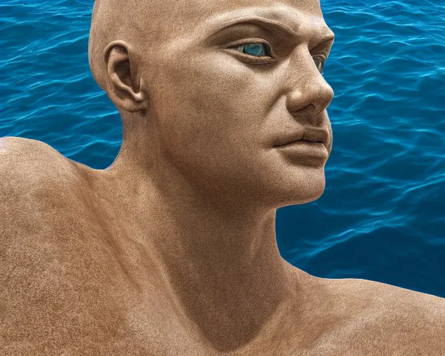 Image similar to a giant sculpture of an abstract human head on the surface of the ocean, hyper - realistic, very detailed, realistic water, ray tracing, 8 k resolution, long - shot, sharp focus, low angle, 8 5 mm photograph, wide lens