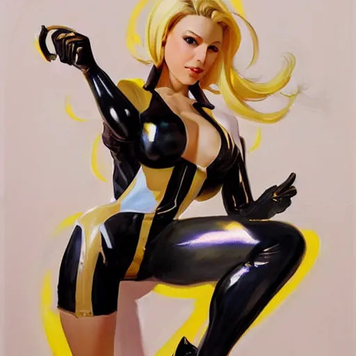 Image similar to greg manchess portrait painting of female wearing a latex suit as mercy from overwatch, medium shot, organic painting, sunny day, matte painting, bold shapes, hard edges, street art, trending on artstation, by huang guangjian and gil elvgren and sachin teng