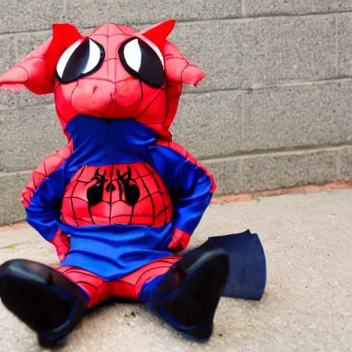 Image similar to pig in a spider - man costume