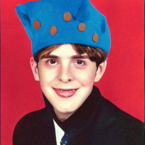 Prompt: a yearbook photo of Jughead Jones in 1966, he is wearing a felt hat shaped exactly like a crown with four points on his head