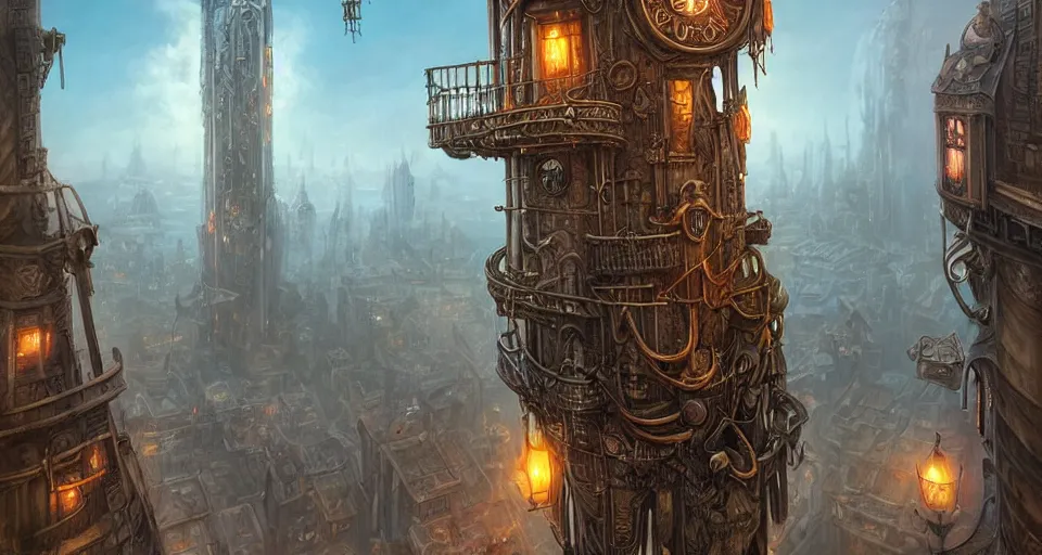 Image similar to landscape painting of fantasy metal steampunk city with walkways and lit windows and a hooded thief in browns leathers climbing one of the tall buildings using a rope, fine details, magali villeneuve, artgerm, rutkowski