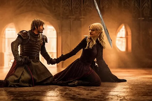 Image similar to very very intricate photorealistic photo of jaime lannister defeating cersei, photo is in focus with detailed atmospheric lighting, award - winning details