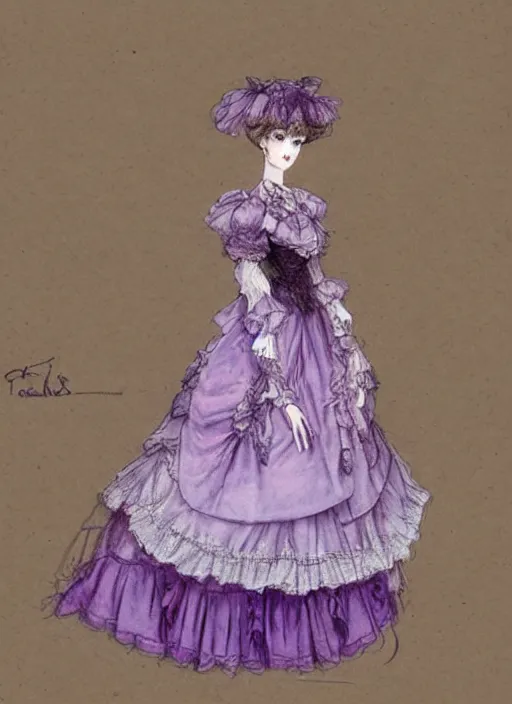 Image similar to violet - themed lolita fashion dress design, victoria, lace, elegant, muted colors. sketch by jean - baptiste monge