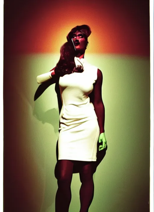 Image similar to a color photo portrait of she hulk in la wearing 6 0's fashion by tim walker, dramatic lighting, 7 5 mm lens, sharp focus.