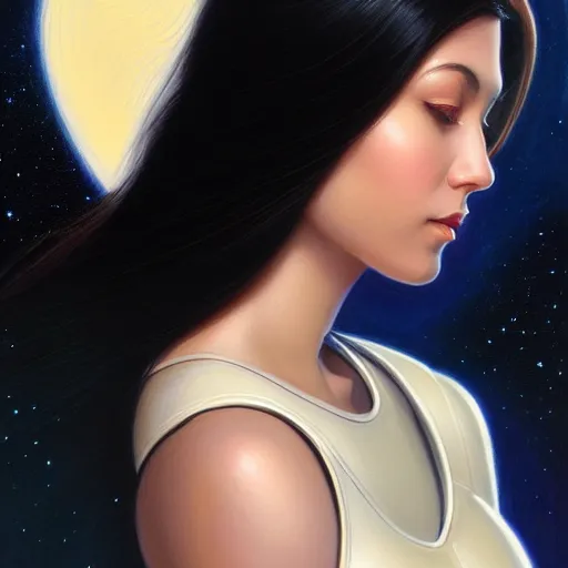 Image similar to a portrait of a very beautiful woman in a spacesuit, Alexandria\'s genesis, shoulder-length black hair, bored, illustration, soft lighting, soft details, painting oil on canvas by mark arian by artgerm, trending on artstation, 4k, 8k, HD