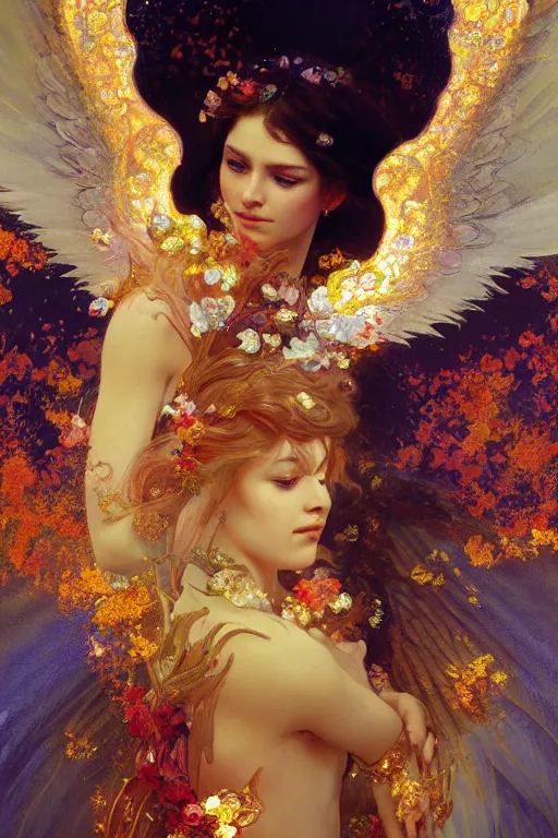 Prompt: an intricate painting of a beautifull angel with fire wings surrounded by flowing flower petals, ornamental gold headpiece, octane render, vivid colors, artstation, by jeremy mann, by alphonse mucha, by boris vallejo