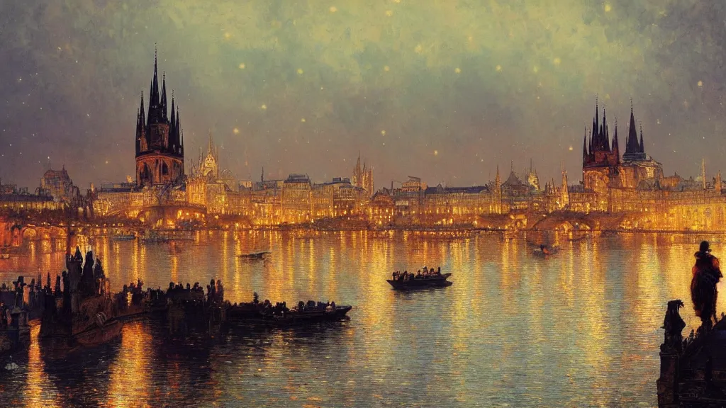 Image similar to a beautiful painting of the view from the river of london or prague during a fireworks festival, at night with a sky full of stars and fireworks, intricate, elegant, highly detailed, digital painting, artstation, concept art, by krenz cushart and artem demura and alphonse mucha