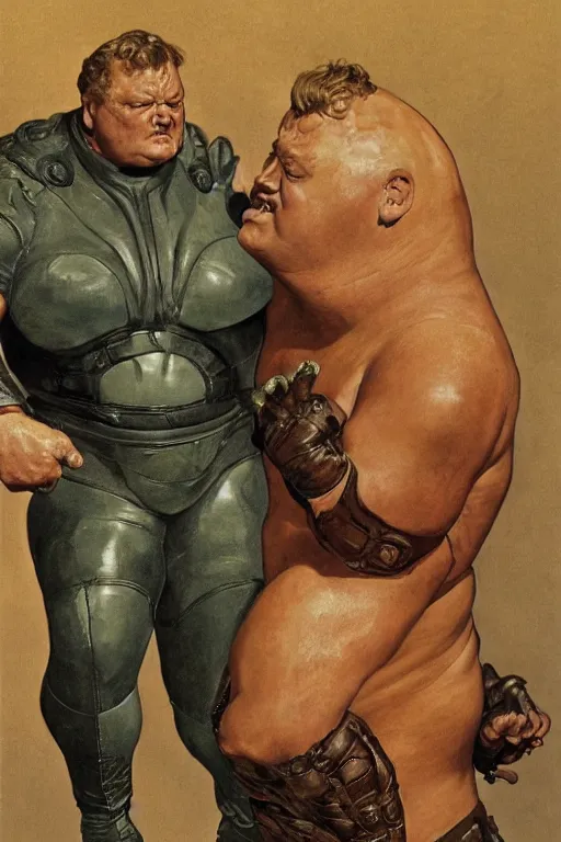 Image similar to movie still of huge hulking kenneth mcmillan as baron vladimir harkonnen wearing leather garments with muscular arms, simple background, dynamic pose, painted by jack kirby, lawrence alma tadema, norman rockwell, greg staples, wayne barlow, neville page, dune 1 9 8 2, artstation creature art, superhero