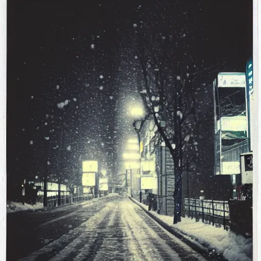 Image similar to atmospheric polaroid photo of a snowy tokyo street at night