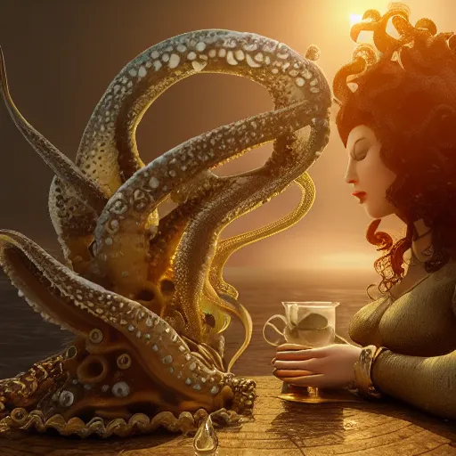 Prompt: The Queen of the Sea waves and her devoted servant octopus drink tea octane render, cinematic, elegant, intricate, 8k