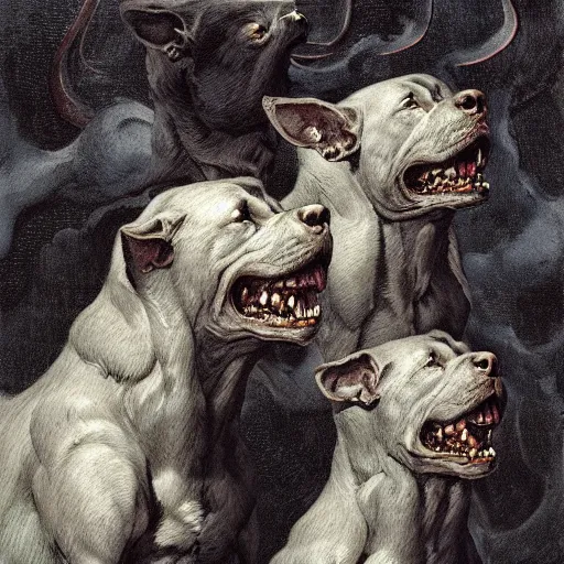 Image similar to hyperdetailed matte art of a three headed dog cerberus by william blake, greg rutkowski, amano, rene magritte, craig mullins, three headed dog cerberus, details