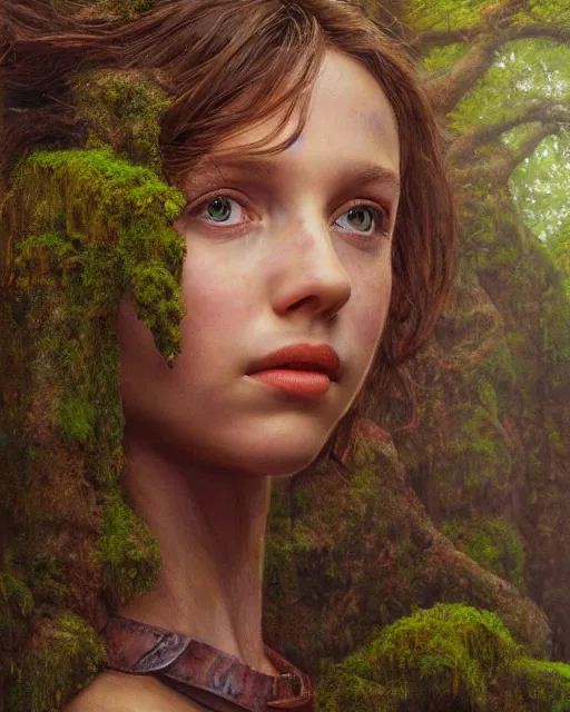 Image similar to a well - lit, realistic portrait oil painting of a thoughtful girl resembling a young, shy, redheaded irish alicia vikander or millie bobby brown in moss - covered ancient stone ruins at sunset, highly detailed, intricate, concept art, artstation, by donato giancola, ron cobb, and artgerm