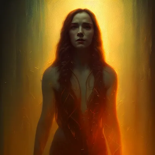 Image similar to riveting seductive oracle of delphi portrait, mysterious atmospheric lighting, painted, intricate, volumetric lighting, beautiful, rich deep colours masterpiece, golden hour, sharp focus, ultra detailed, by leesha hannigan, ross tran, thierry doizon, kai carpenter, ignacio fernandez rios