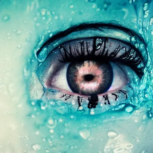 Prompt: three eyed hairy, third eye in middle of forehead, wide wide shot, photograph, wet hairy bodies, wet feet in water, bodies, soft colors, wet eye in forehead, pins, very detailed, wet eyes reflecting into eyes reflecting into infinity, beautiful lighting