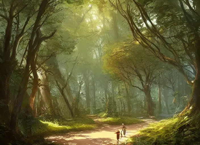 Image similar to A beautiful pathway in a forest, lush trees, flying fairies, a fantasy digital painting by Greg Rutkowski and James Gurney, trending on Artstation, highly detailed