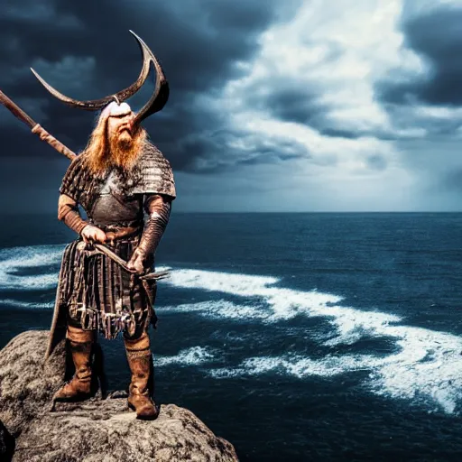 Image similar to a viking wearing a heavy metal and also make the face look good the viking is standing on a cliff the background is a huge sea interact with the lighting photo - realistic 4 k