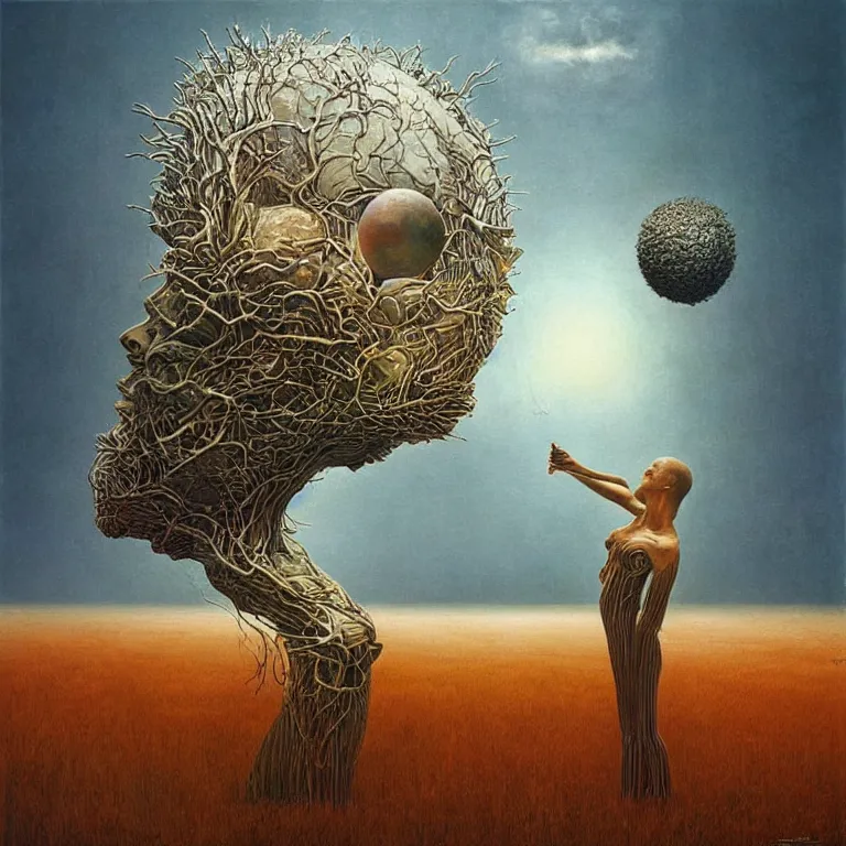 Image similar to Painting, Creative Design, album cover art, Biopunk, human mind, surrealist, by Zdzisław Beksiński and storm thorgerson