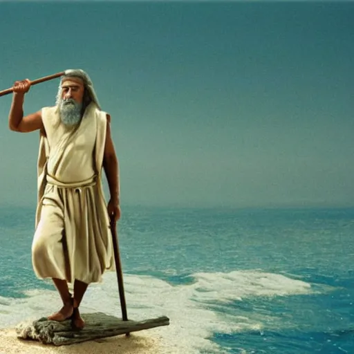 Image similar to Mediterranean man as Moses holding a wooden staff in a movie directed by Steven Spielberg, movie still frame, promotional image, imax 70 mm footage