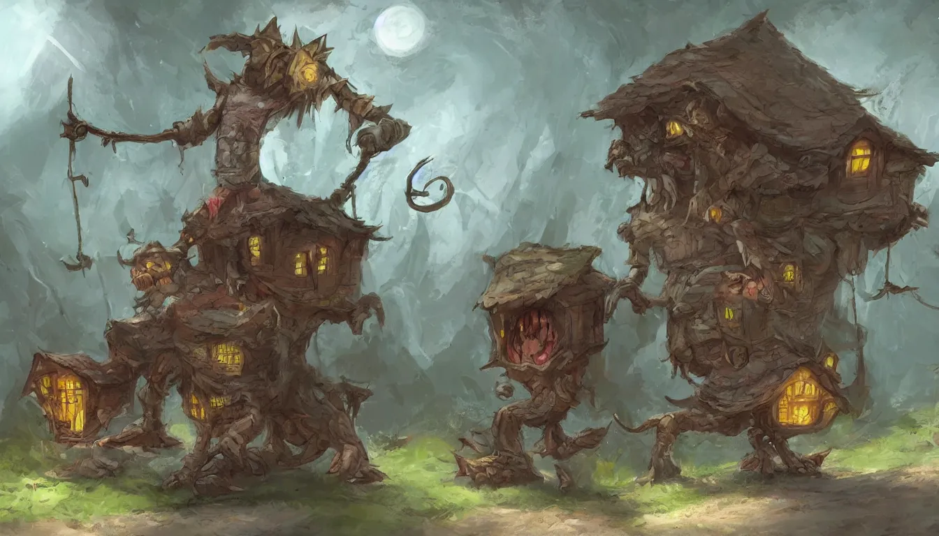 Image similar to Fantasy concept art of a happy walking house on chicken legs.