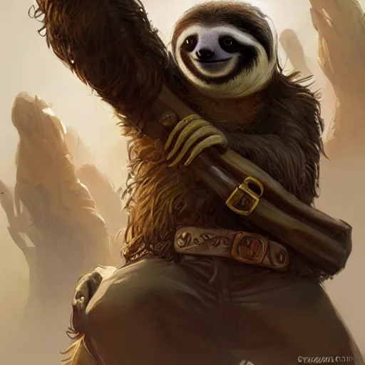 Image similar to Portrait of a Sloth dressed as a Pirate, digital painting, highly detailed, artstation, concept art, smooth, sharp focus, illustration, art by artgerm and greg rutkowski.