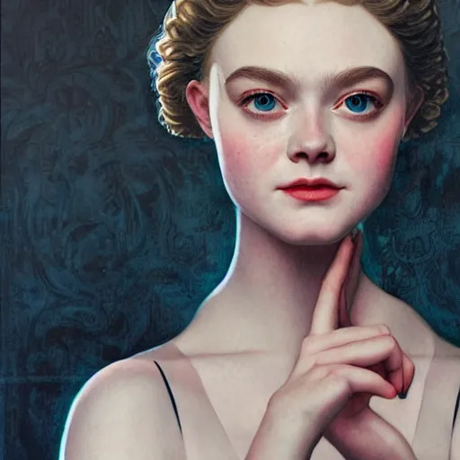 Image similar to a vintage portrait painting of elle fanning in prey wearing a black baclava, highly detailed, art by tristan eaton and artgerm and william - adolphe bouguereau