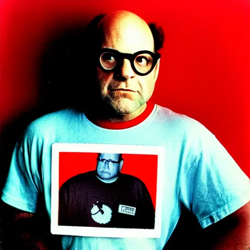 Prompt: polaroid george costanza wearing a hammer and sickle graphic tee, 1 9 9 0 s, colored, by nan goldin