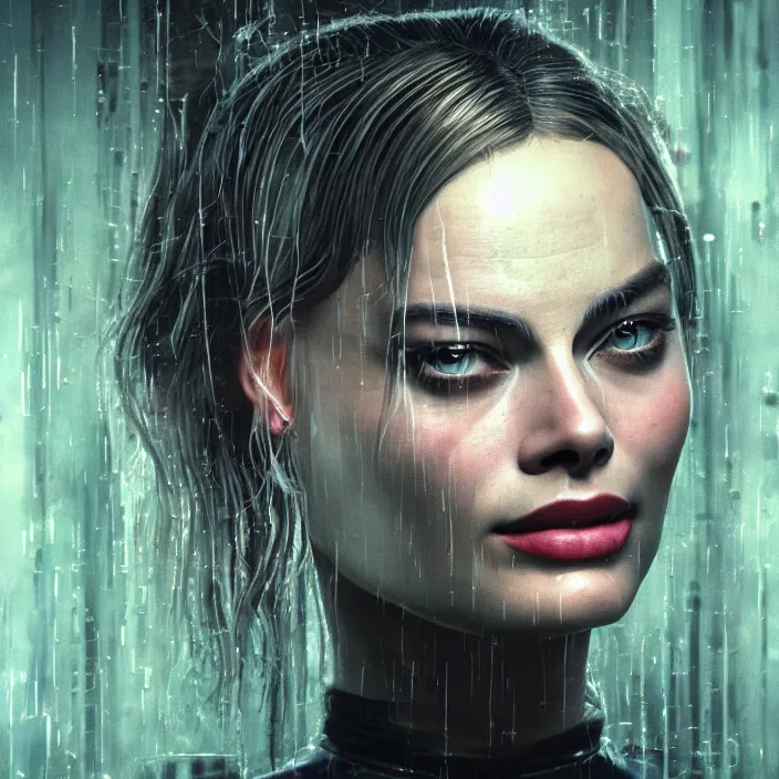 Prompt: portrait of Margot Robbie in The Matrix 2000. intricate abstract. intricate artwork. by Tooth Wu, wlop, beeple, dan mumford. octane render, trending on artstation, greg rutkowski very coherent symmetrical artwork. cinematic, hyper realism, high detail, octane render, 8k, iridescent accents