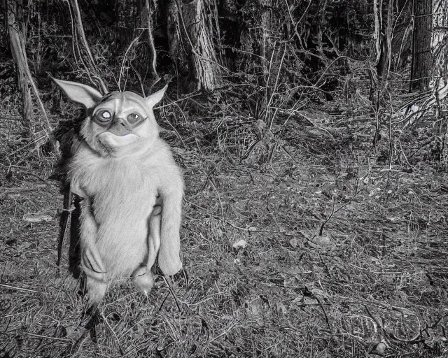 Image similar to trailcam image of yoda, pointing at the camera, black and white, wide angle lens, nightshot, cdx