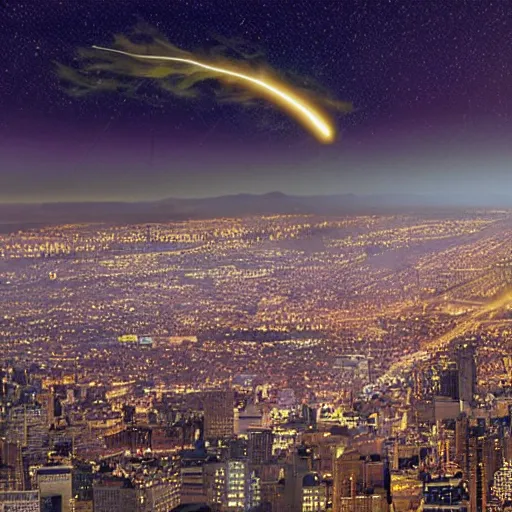 Prompt: a meteor falling on a modern city view