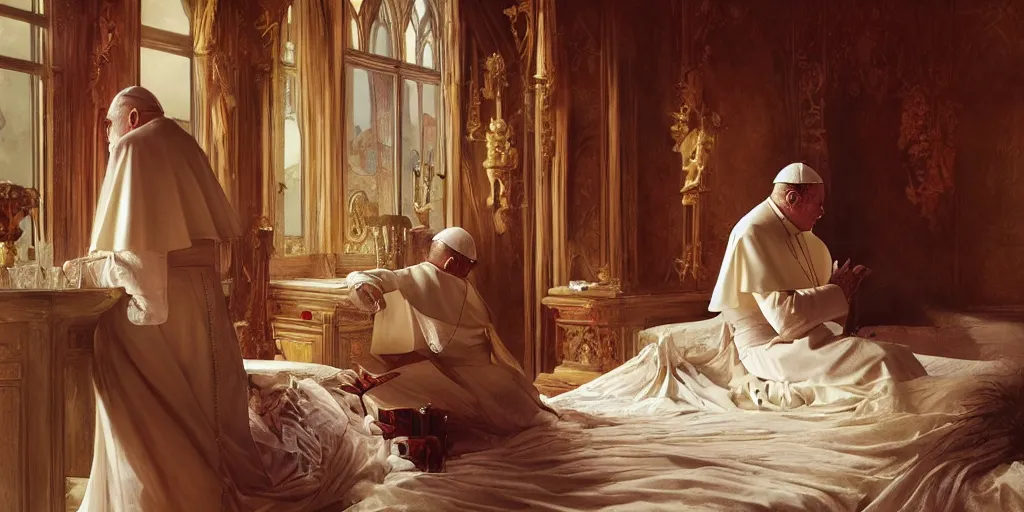 Image similar to photography of a pope making touching a sensual woman in a bedroom, deep focus, intricate, elegant, highly detailed, digital painting, artstation, concept art, matte, sharp focus, illustration, art by artgerm and greg rutkowski and alphonse mucha