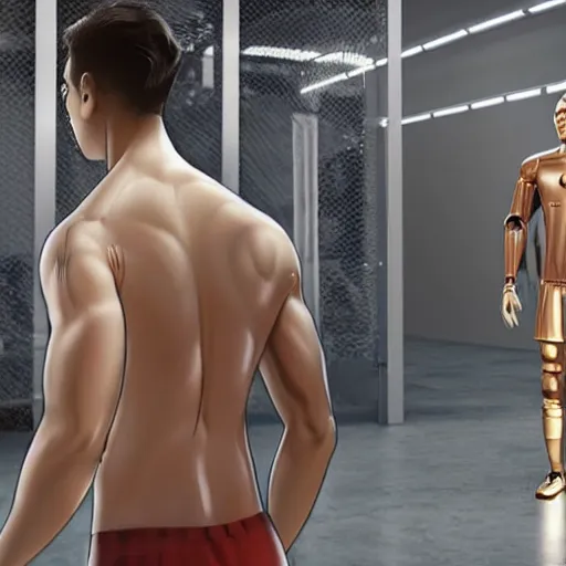 Image similar to a realistic detailed photo of a guy who is an attractive humanoid who is half robot and half humanoid, who is a male android, attractive and handsome soccer players, shiny skin, posing like a statue, blank stare, in a factory, on display, showing off his muscles, gold soccer shorts, side view, looking at each other mindlessly