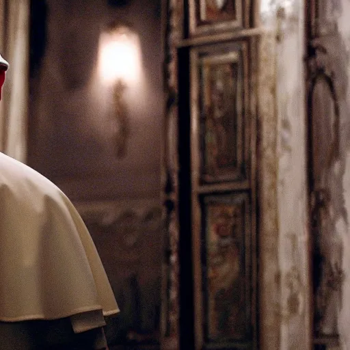 Image similar to movie still, movie frame, the pope as the main character in resident evil