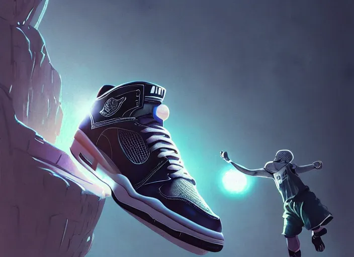 Prompt: air jordan basketball sneaker from the year 2 0 9 9, precious metals and recycled material, future techwear, cinematic digital painting, artstation, dramatic product shot, smooth, sharp focus, fantasy art by greg rutkowski, loish, rhads, ferdinand knab, makoto shinkai, ilya kuvshinov, rossdraws