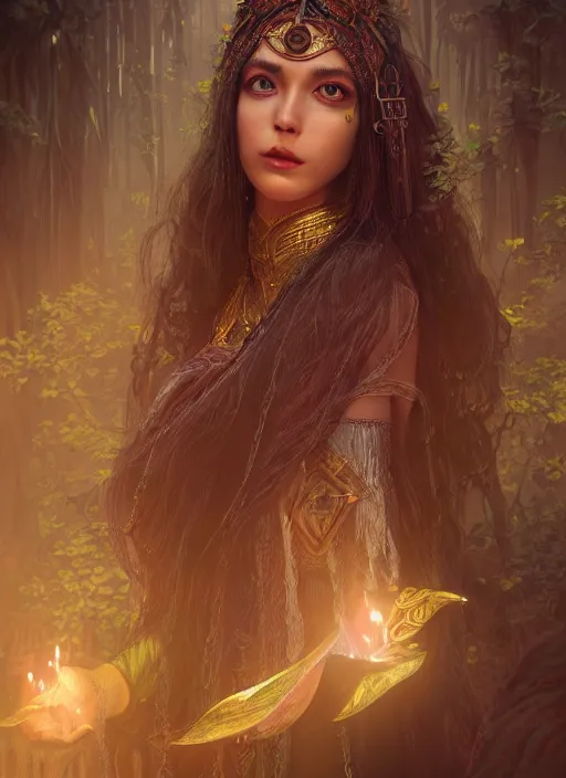 Image similar to Beautiful art portrait of a female fantasy priestess in a bright temple surrounded by lush forest, atmospheric lighting, intricate detail, cgsociety, hyperrealistic, octane render, RPG portrait, ambient light, dynamic lighting