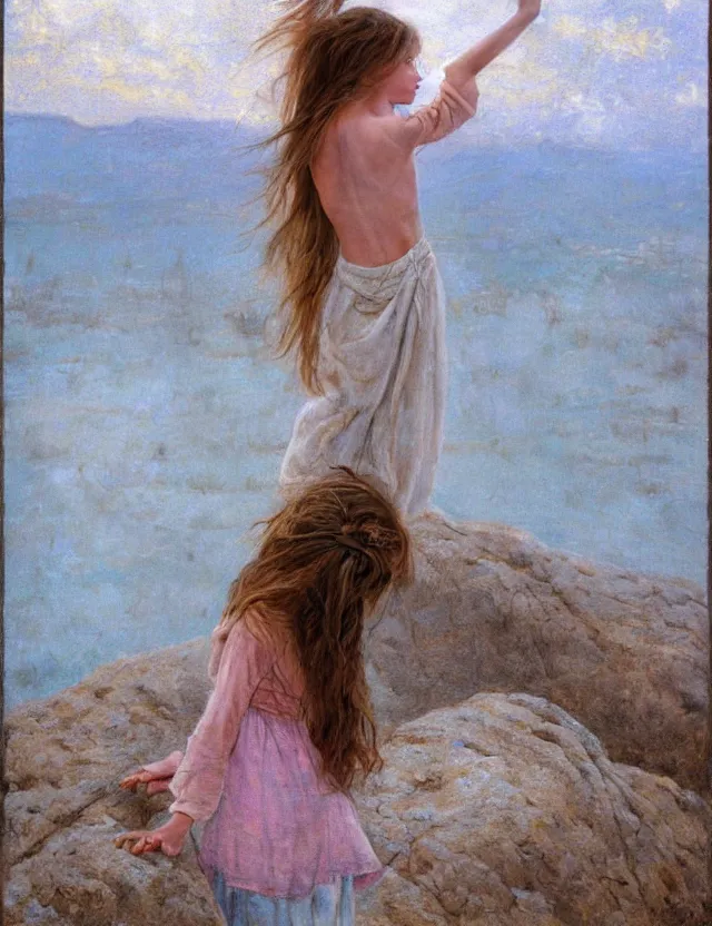 Image similar to peasant barefoot girl with long blowing windy hair standing hands up on the edge of rock, cottage core, cinematic focus, polaroid photo bleached vintage pastel colors high - key lighting, soft lights, foggy, by steve hanks, by lisa yuskavage, by serov valentin, by tarkovsky, 8 k render, detailed, oil on canvas